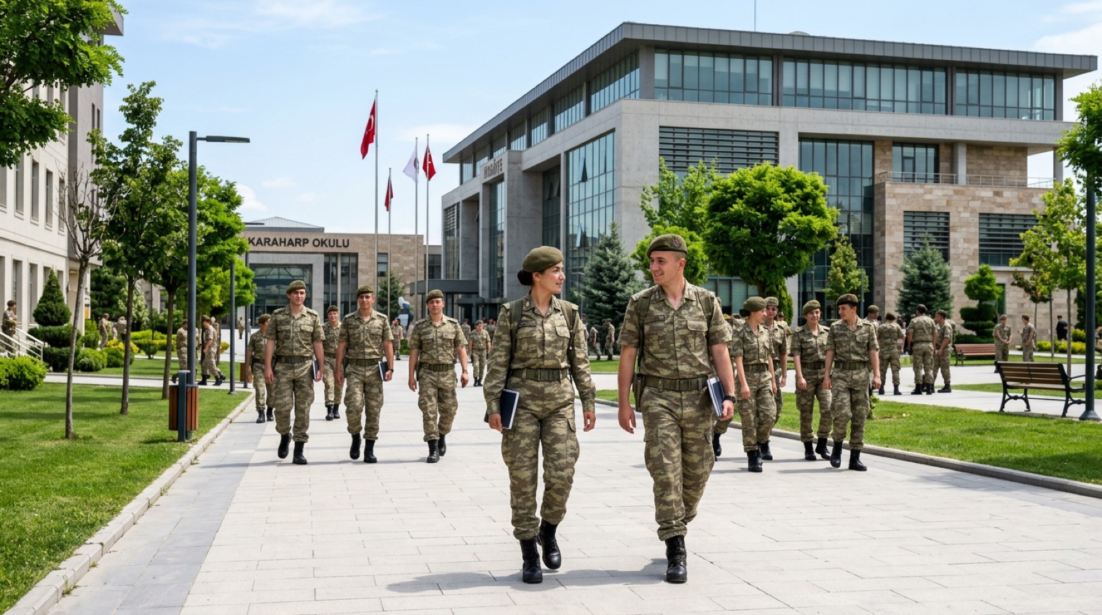 Askerî üniversite kampüsünde subaylık eğitimi gören kadın ve erkek öğrenciler