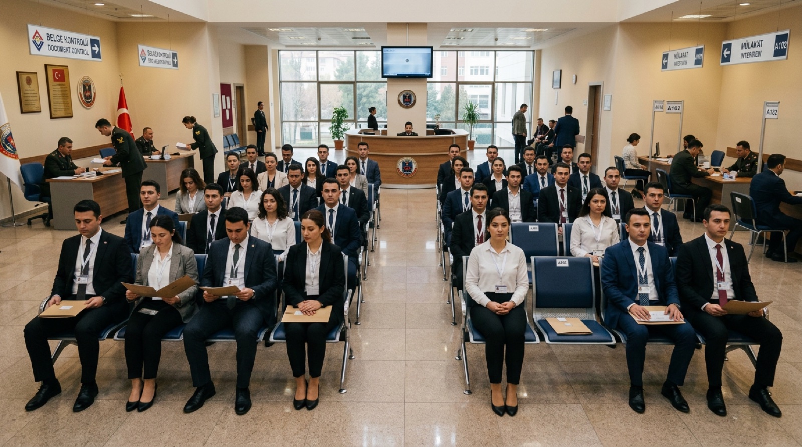 Subay adaylarının belge kontrolü ve mülakat sırası bekleme alanı